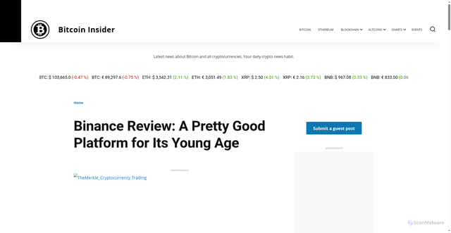 Security scan screenshot of https://www.bitcoininsider.org/article/3750/binance-review-pretty-good-platform-its-young-age