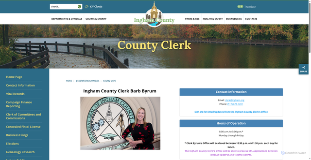 Security scan screenshot of https://clerk.ingham.org/departments_and_officials/county_clerk/