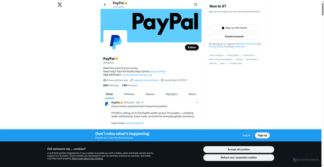 Security scan screenshot of https://x.com/PayPal?v=1%2C0.1&utm_source=unp&utm_medium=email&utm_campaign=RT002546&utm_unptid=7acee9e4-235c-11f1-9527-dfbd735538e5&ppid=RT002546&cnac=US&rsta=en_US%28en-US%29&unptid=7acee9e4-235c-11f1-9527-dfbd735538e5&calc=52de88251652b&unp_tpcid=online-user-agreement-change-email&page=main%3Aemail%3ART002546&pgrp=main%3Aemail&e=re&mchn=em&s=ci&mail=sys&appVersion=1.393.0&tenant_name=PayPal&xt=145585%2C150948%2C175544%2C104038&link_ref=twitter.com_paypal