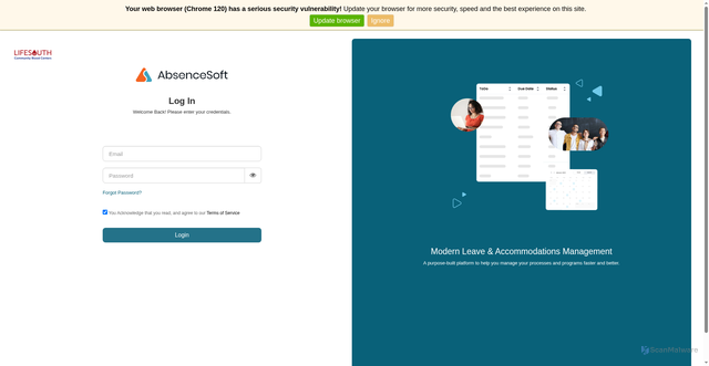 Security scan screenshot of https://lifesouth.absencetracker.com