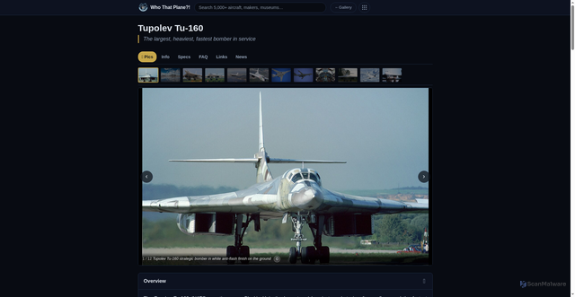 Security scan screenshot of https://www.whothatplane.com/v/tupolev-tu-160.html