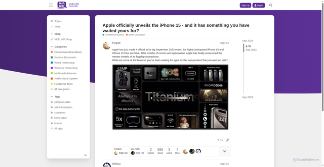Security scan screenshot of https://techtalk.vcelink.com/t/apple-officially-unveils-the-iphone-15-and-it-has-something-you-have-waited-years-for/185