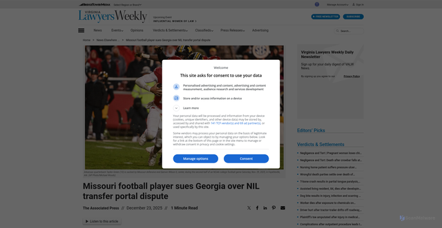 Security scan screenshot of https://valawyersweekly.com/2025/12/23/missouri-damon-wilson-nil-transfer-portal-lawsuit/