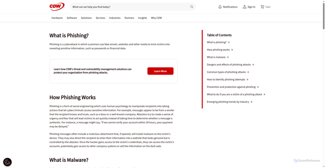 Security scan screenshot of https://www.cdw.com/content/cdw/en/glossary/phishing.html