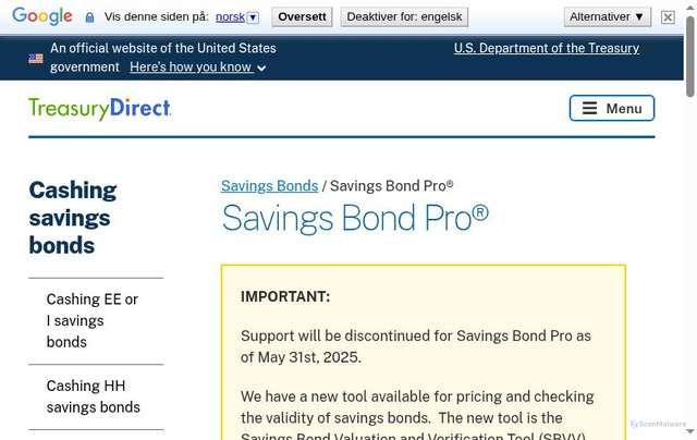 Security scan screenshot of https://www.treasurydirect.gov/savings-bonds/cashing-a-bond/savings-bond-pro/