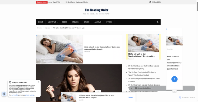 Security scan screenshot of https://www.thereadingorder.com/hailee-steinfeld-movies-and-tv-shows/