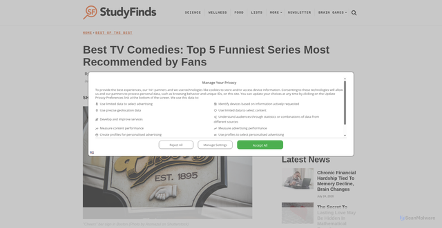 Security scan screenshot of https://studyfinds.com/best-tv-comedies/
