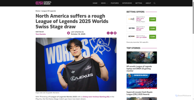 Security scan screenshot of https://esportsinsider.com/2025/10/league-of-legends-2025-worlds-swiss-stage-draw