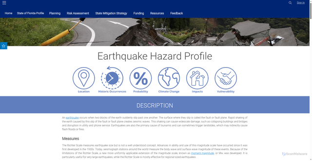 Security scan screenshot of https://flshmp-floridadisaster.hub.arcgis.com/pages/earthquake