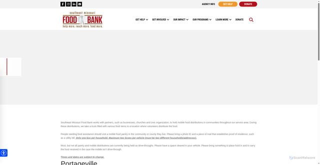 Security scan screenshot of https://semofoodbank.org/mobile-food-pantries/tag/portageville/day/2026-08-21/