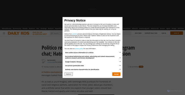 Security scan screenshot of https://www.dailykos.com/stories/2025/10/14/2348591/-Politico-releases-Young-Republicans-Telegram-chat-Hatred-Racism-permeate-discussion