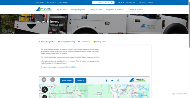 Security scan screenshot of https://lakelandelectric.com/storms-and-outages