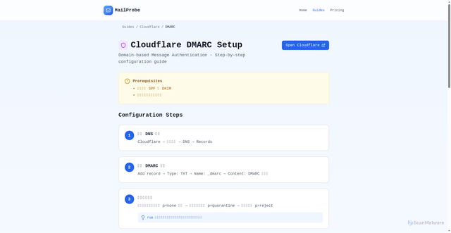 Security scan screenshot of https://mailprobe.xyz/guides/cloudflare/dmarc