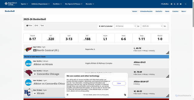 Security scan screenshot of https://belles.saintmarys.edu/sports/womens-basketball/schedule