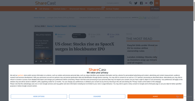 Security scan screenshot of https://www.sharecast.com/news/market-report-us-close/us-close-stocks-rise-as-spacex-surges-in-blockbuster-ipo--22725790.html