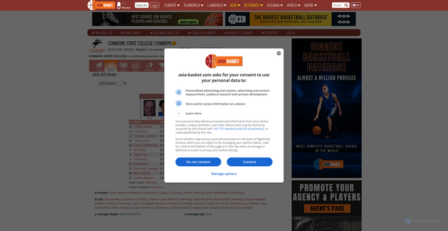 Security scan screenshot of https://basketball.asia-basket.com/team/Connors-State-College/1624/Roster?women=1