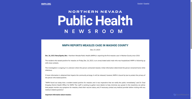 Security scan screenshot of https://washoelife.washoecounty.gov/nnph/nnph-reports-measles-case-in-washoe-county/