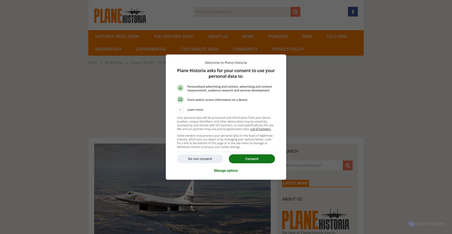 Security scan screenshot of https://planehistoria.com/modern-day/tupolev-tu-160/