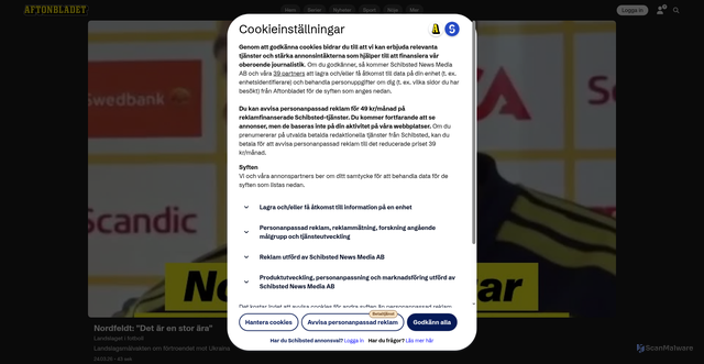 Security scan screenshot of https://tv.aftonbladet.se/video/398154/nordfeldt-det-ar-en-stor-ara