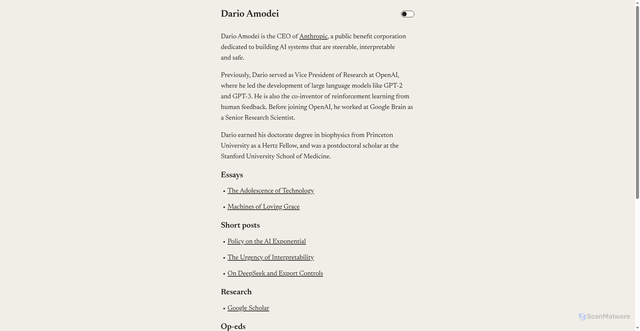 Security scan screenshot of https://darioamodei.com/