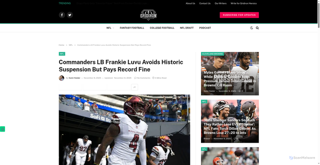 Security scan screenshot of https://gridironheroics.com/commanders-lb-frankie-luvu-avoids-historic-suspension-but-pays-record-fine/