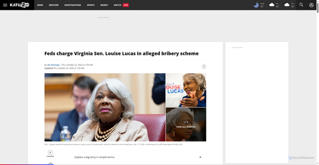 Security scan screenshot of http://www.kunptv.com/news/nation-world/feds-charge-virginia-sen-louise-lucas-alleged-bribery-scheme-marijuana-distribution-money-laundering-doj-fbi-kash-patel-illegal-agents-search-home-portsmouth