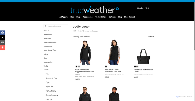 Security scan screenshot of https://stores.inksoft.com/trueweather_merchandise/shop/products/brands/eddie_bauer?page=1