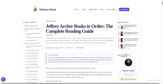 Security scan screenshot of https://whimsyread.com/jeffrey-archer-books-in-order/