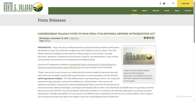 Security scan screenshot of https://valadao.house.gov/news/documentsingle.aspx?DocumentID=3396