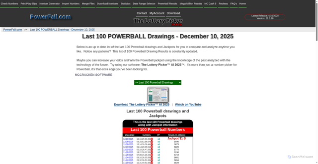 Security scan screenshot of https://powerfall.com/PastWinningLotteryNumbers/powerball/last100/