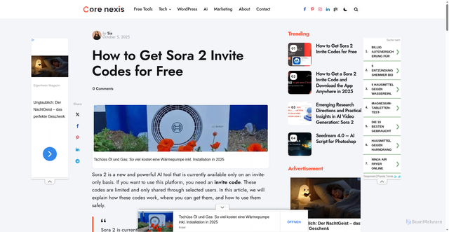 Security scan screenshot of https://blog.corenexis.com/how-to-get-sora-2-invite-codes-for-free
