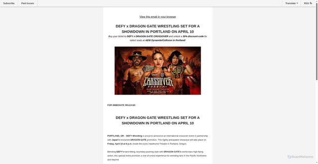 Security scan screenshot of https://mailchi.mp/c2d864344195/defy-wrestling-returns-to-portland-on-april-10?e&f70c1b5e