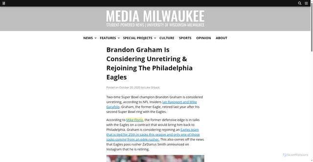 Security scan screenshot of https://mediamilwaukee.com/home/brandon-graham-is-considering-unretiring-rejoining-the-philadelphia-eagles/