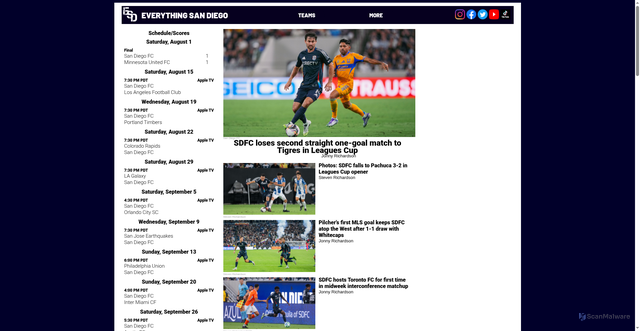Security scan screenshot of http://www.esdsports.com/team.php?Team=MLS_SD