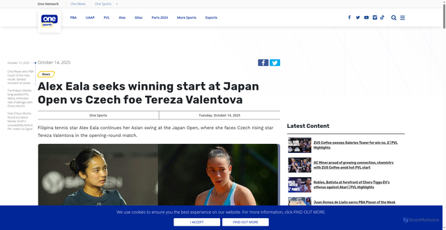 Security scan screenshot of https://www.onesports.ph/more-sports/article/36754/alex-eala-seeks-winning-start-at-japan-open-vs-czech-challenger-tereza-valentova