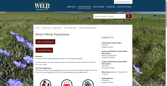 Security scan screenshot of https://www.weld.gov/Government/Departments/Clerk-and-Recorder/Motor-Vehicle-Department
