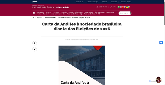 Security scan screenshot of https://portalpadrao.ufma.br/site/noticias/carta-da-andifes-a-sociedade-brasileira-diante-das-eleicoes-de-2026