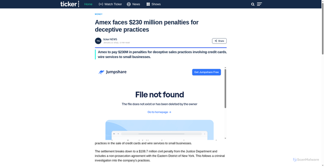 Security scan screenshot of https://tickernews.co/amex-faces-230-million-penalties-for-deceptive-practices/