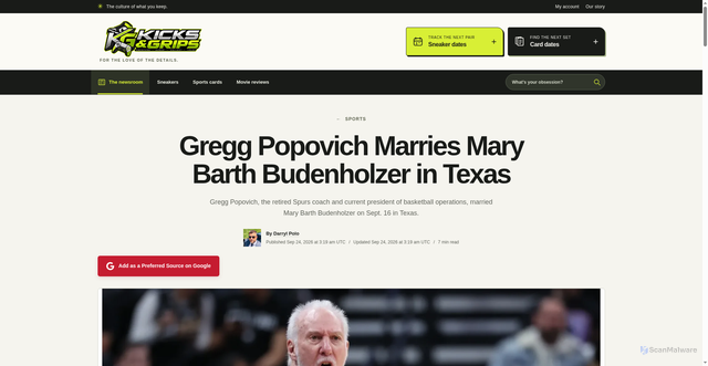Security scan screenshot of https://kicksandgrips.com/news/gregg-popovich-marries-mary-barth-budenholzer-in-texas