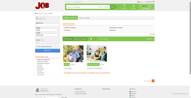 Security scan screenshot of https://jobses.site/index.php?page=search&sCategory=0&sCountry=ES&sRegion=Galicia