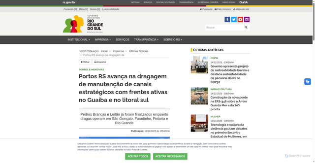 Security scan screenshot of https://www.estado.rs.gov.br/portos-rs-avanca-na-dragagem-de-manutencao-de-canais-estrategicos-com-frentes-ativas-no-guaiba-e-no-litoral-sul