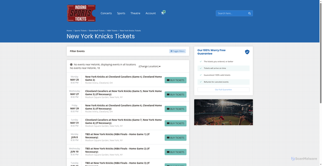 Security scan screenshot of https://indianasportstickets.com/performer/new-york-knicks-tickets