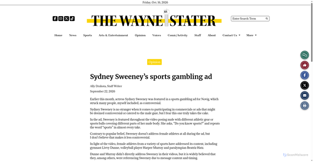 Security scan screenshot of https://thewaynestater.com/28327/opinion/sydney-sweeneys-sports-gambling-ad/