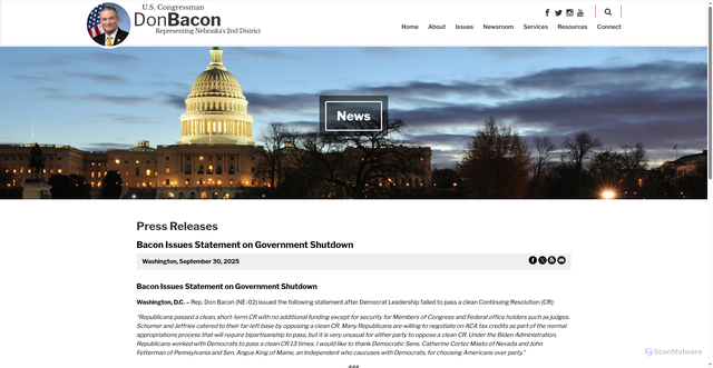Security scan screenshot of https://bacon.house.gov/news/documentsingle.aspx?DocumentID=2780