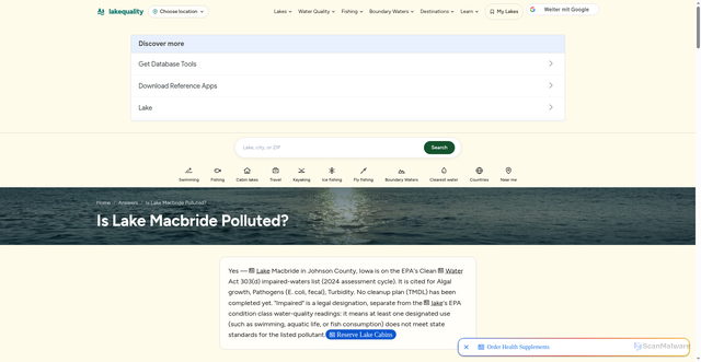 Security scan screenshot of https://www.lakequality.org/answer/is-lake-macbride-johnson-ia-polluted