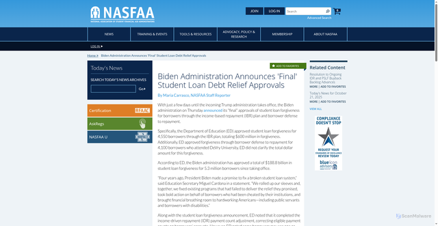 Security scan screenshot of https://www.nasfaa.org/news-item/35444/Biden_Administration_Announces_Final_Student_Loan_Debt_Relief_Approvals