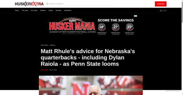 Security scan screenshot of https://huskerextra.com/news/football/matt-rhules-advice-for-nebraskas-quarterbacks---including-dylan-raiola---as-penn/article_444c91e2-52f1-4a85-a166-4881af058a87.html