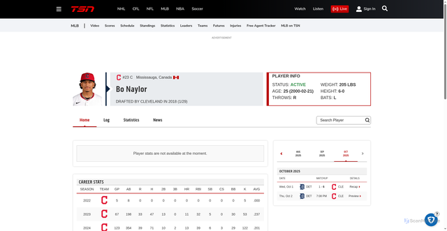 Security scan screenshot of https://www.tsn.ca/mlb/player/bo-naylor/330481/