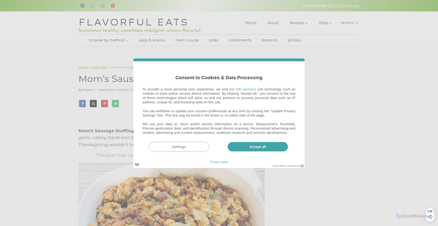 Security scan screenshot of https://flavorfuleats.com/moms-sausage-stuffing/