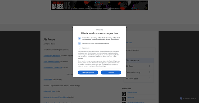 Security scan screenshot of https://www.militarybases.us/air-force/